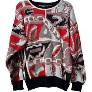 VTG Alan Stuart Textured Grandpa Cosby Knit Abstract 90s Sweater Gray Red L‎
